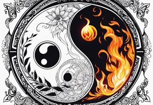 yin yang with fire and water and technology and nature tattoo idea