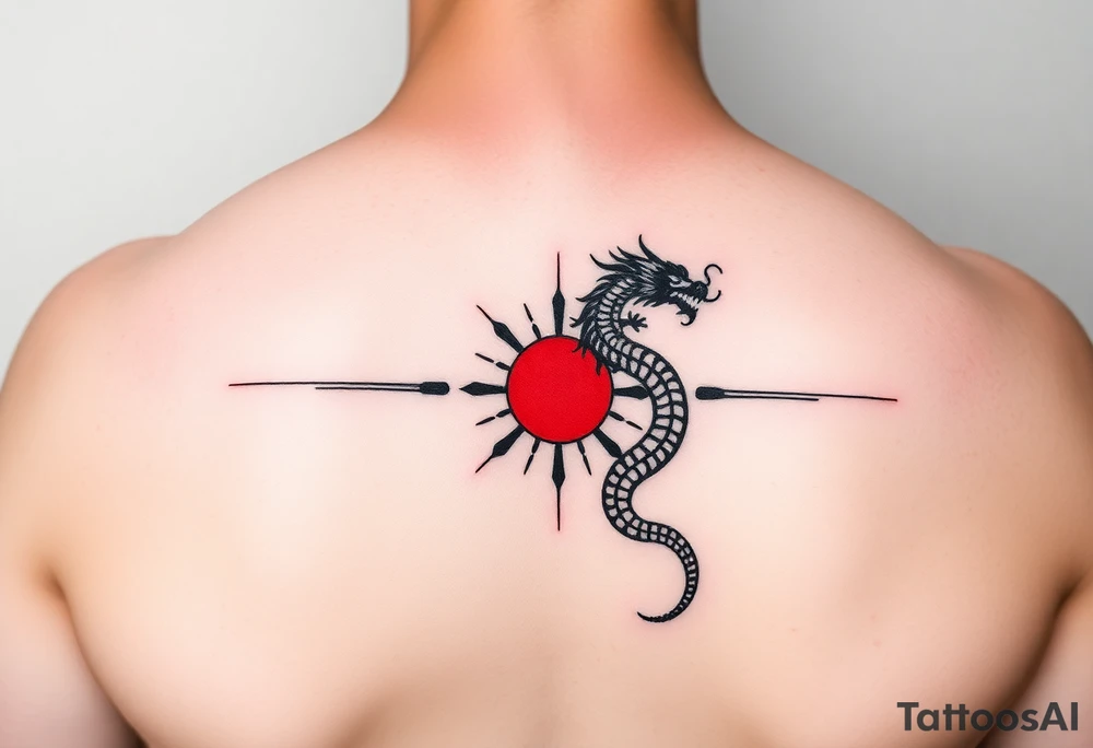 "Minimalist black and red forearm band tattoo. Seamless 360° design combining:  
1. Greek meander (geometric flow)  
2. Polynesian tribal rhythm (bold lines)  
3. Chinese dragon (abstract zigzag)  

Key elements:  
- Small red sun (circle + 4 rays) — only color  
- Dragon fused with meander (single continuous line)  
- Golden ratio proportions  

Style: Clean line art, 1.5mm thickness, no shading. Sacred and balanced." tattoo idea