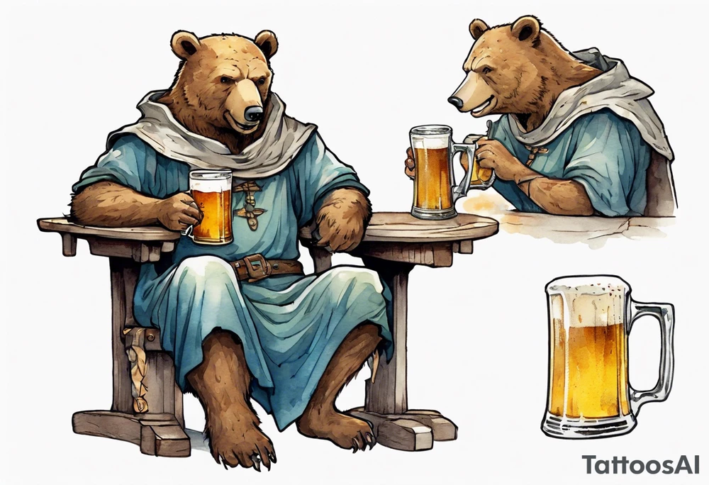 a medieval bear-human hybrid wearing a tunic and coif and drinking from a pewter mug of beer in a tavern, sitting in a chair, smiling tattoo idea