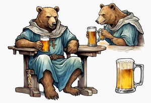 a medieval bear-human hybrid wearing a tunic and coif and drinking from a pewter mug of beer in a tavern, sitting in a chair, smiling tattoo idea