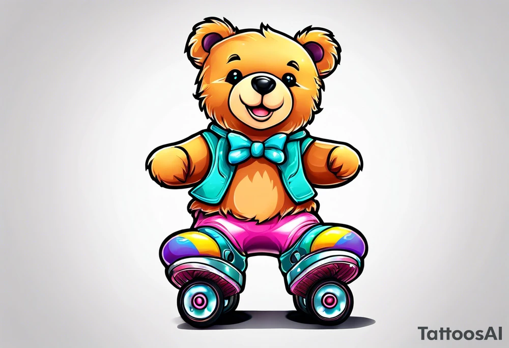 a teddy bear, wearing cute, pastel rainbow rollerskates tattoo idea