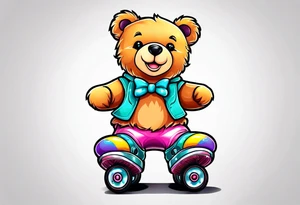 a teddy bear, wearing cute, pastel rainbow rollerskates tattoo idea