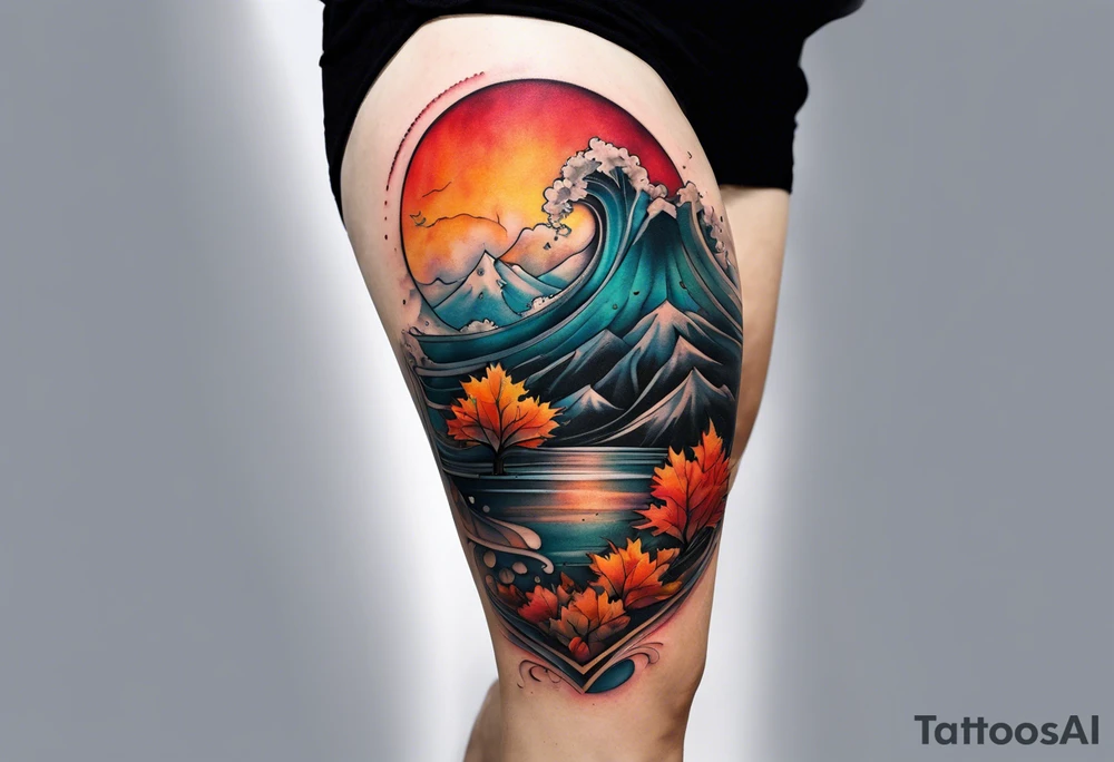 Knee tattoo in fall colors with water flow washes tattoo idea