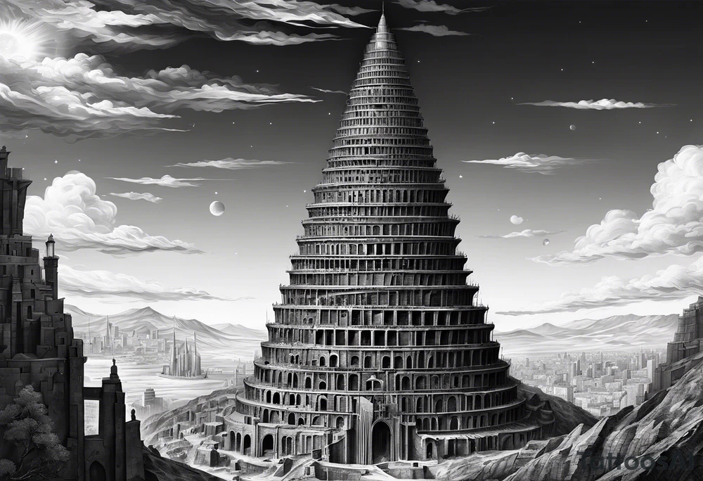 a surrealistic representation of the babel tower in the big bang tattoo idea