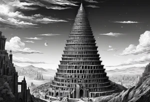 a surrealistic representation of the babel tower in the big bang tattoo idea
