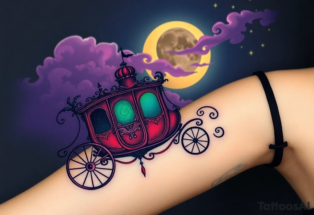Tim Burton’s haunted victorian carrage is riding in the night and dripping with muted reds, dusty pinks, and eerie green glow.purple and cyan smokey clouds swirl in the crescent moonlit sky thats sprinkled with stars tattoo idea tattoo idea