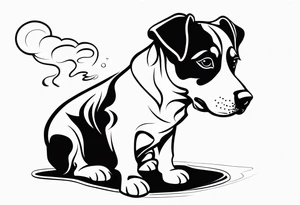 A sketch of a cute dog with large, sad eyes, sitting and smoking a cigarette, with smoke swirling around its head tattoo idea