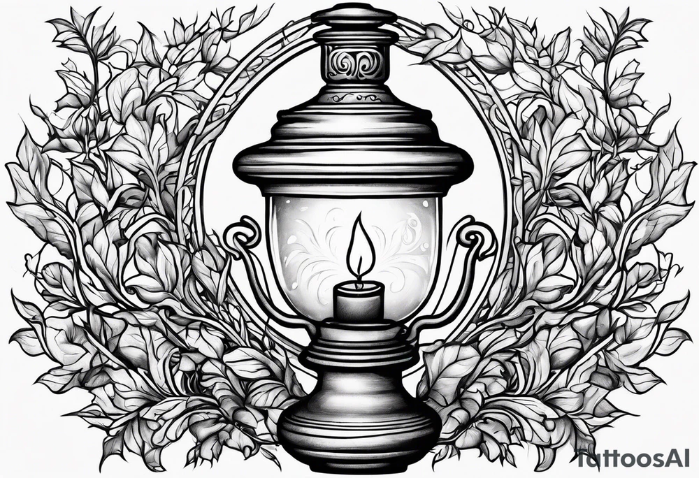 Oil lamp surrounded by leafy vines tattoo idea