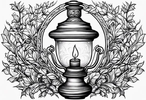 Oil lamp surrounded by leafy vines tattoo idea