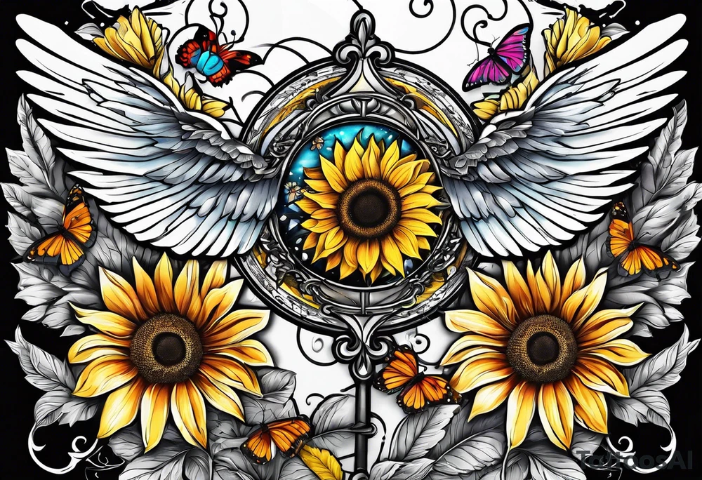 Winged cross with sunflower and butterflies tattoo idea