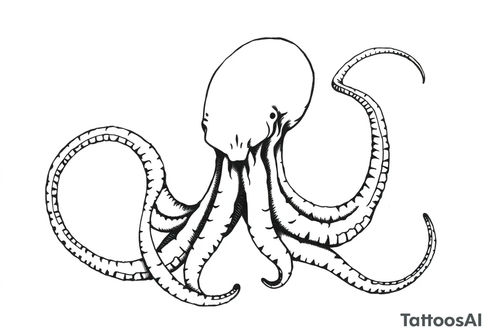 A minimalist blackwork tattoo design of an evil kraken The kraken is viewed from a 45-degree angle facing left, with its head centered. The tentacles extend only to the left and right, with none going downward beneath the head. the tentacles are quite long reaching to the left and right. The style is clean, fine-line detailing with bold outlines, avoiding heavy shading. The tentacles should be fluid, aggressive, and striking, enhancing the menacing and eerie look of the kraken while maintaining a cohesive design for a tattoo sleeve. tattoo idea