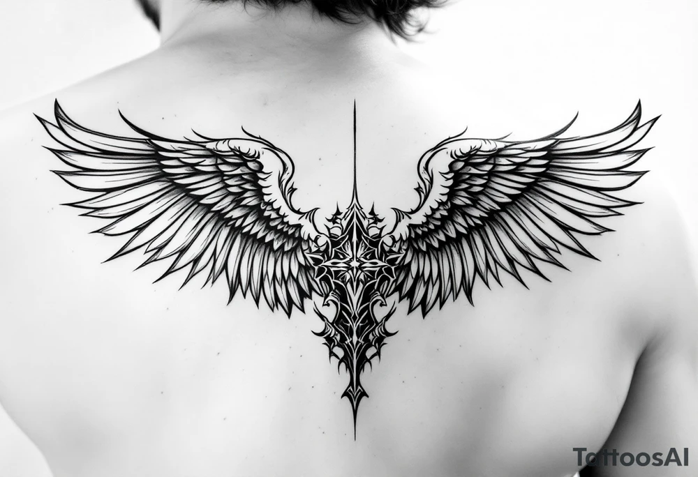 Angel on shoulder with wings going over chest and shoulder blade tattoo idea