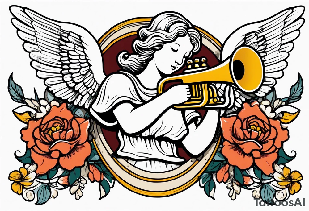 angel with trumpet
old school vintage simple traditional design with vintage flowers surrounding it bold color tattoo idea
