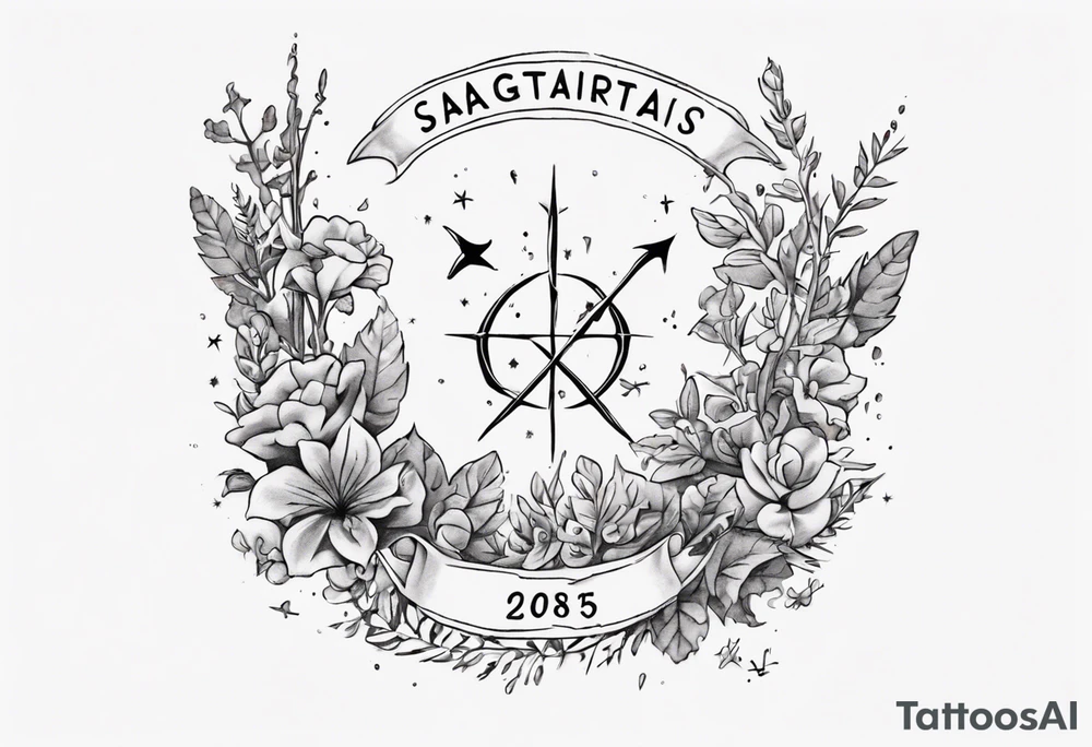 a forearm tattoo with little plants around the word sagittarius and underneath it the date 12.08.05 tattoo idea