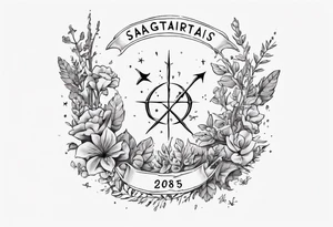 a forearm tattoo with little plants around the word sagittarius and underneath it the date 12.08.05 tattoo idea