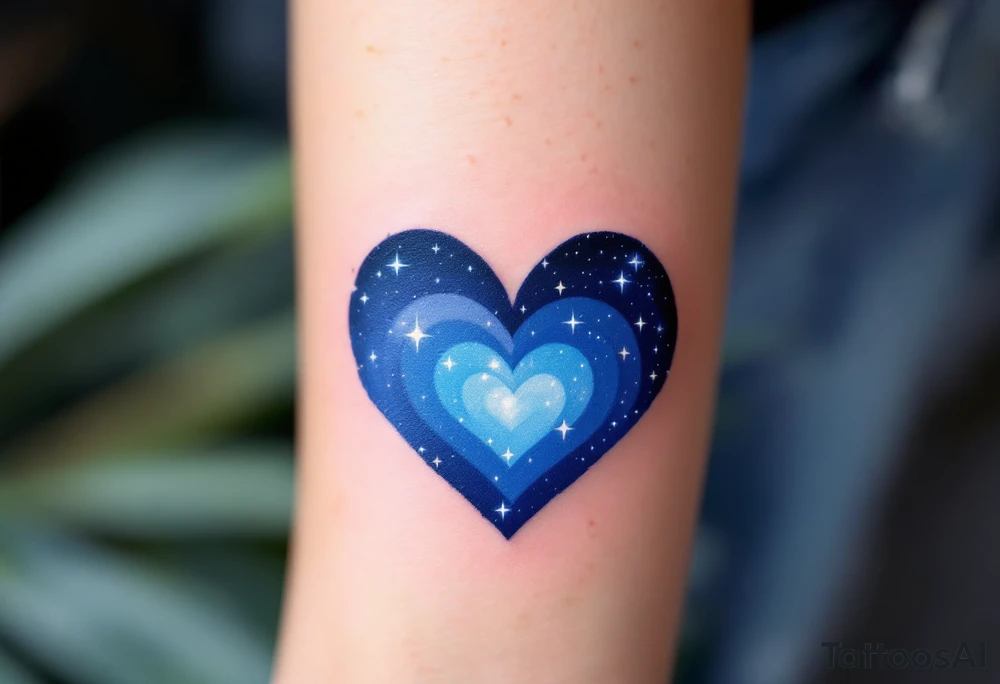 A heart made from overlapping paw prints, with a gradient effect turning from dark blue to light blue, as if the heart is made from a night sky. Small stars are dotted within the heart, and the surrounding area is shaded with soft black to give a dreamy, celestial feel.  Dark Blue, Light Blue, White (for stars), Black (for shading). tattoo idea
