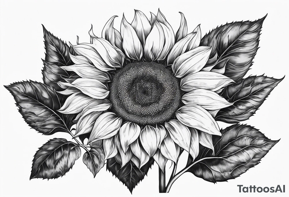 Sunflower realistic black and white fine line detailed tattoo idea