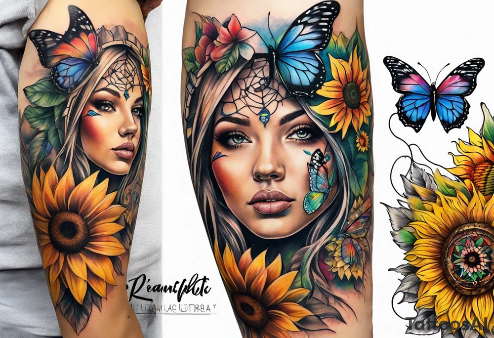 Quarter Leg sleeve with dreamcatcher, rainbow sunflowers and one butterfly tattoo idea