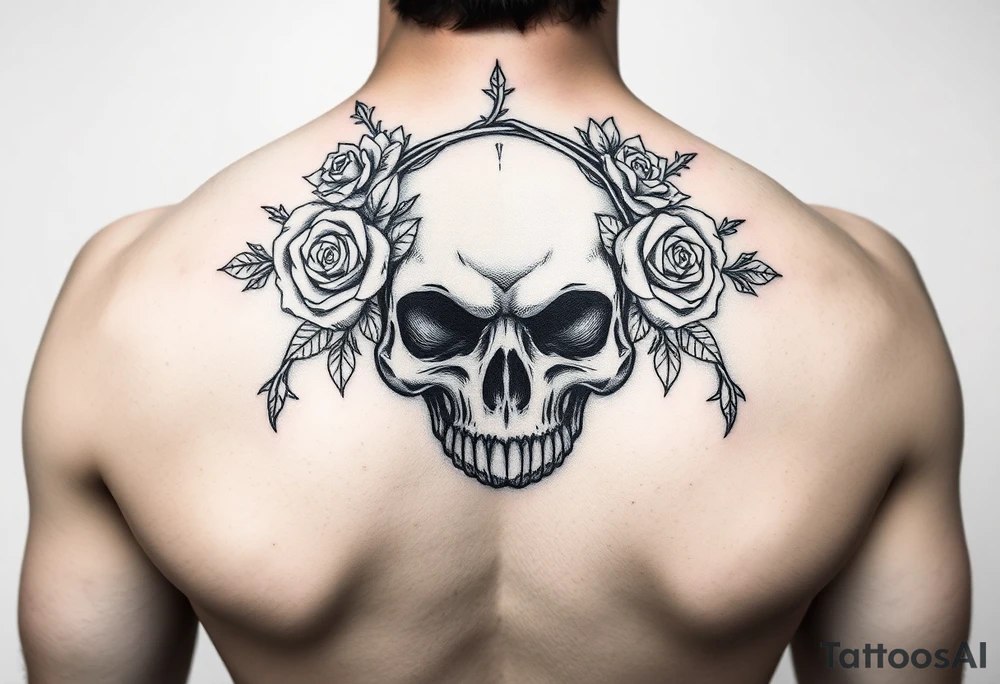 ornate skull adorned with crown of wild roses and thorns tattoo idea