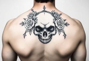 ornate skull adorned with crown of wild roses and thorns tattoo idea