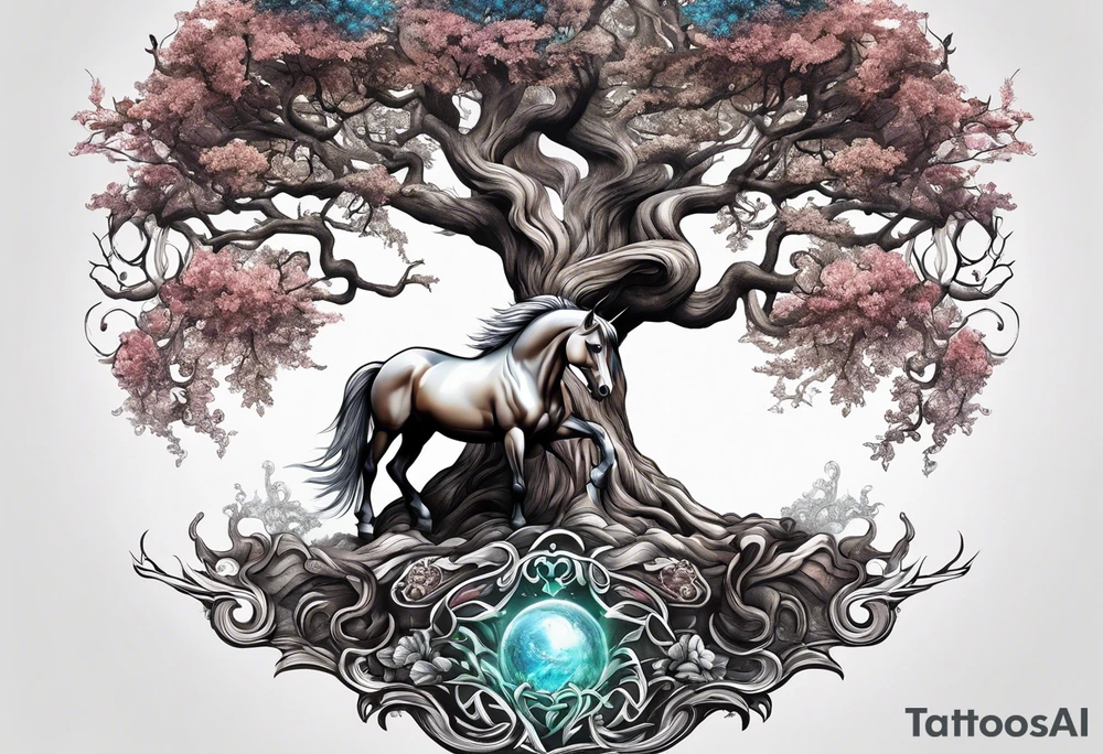 Realistic Horse and Yggdrasil tree tattoo idea