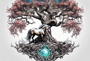 Realistic Horse and Yggdrasil tree tattoo idea