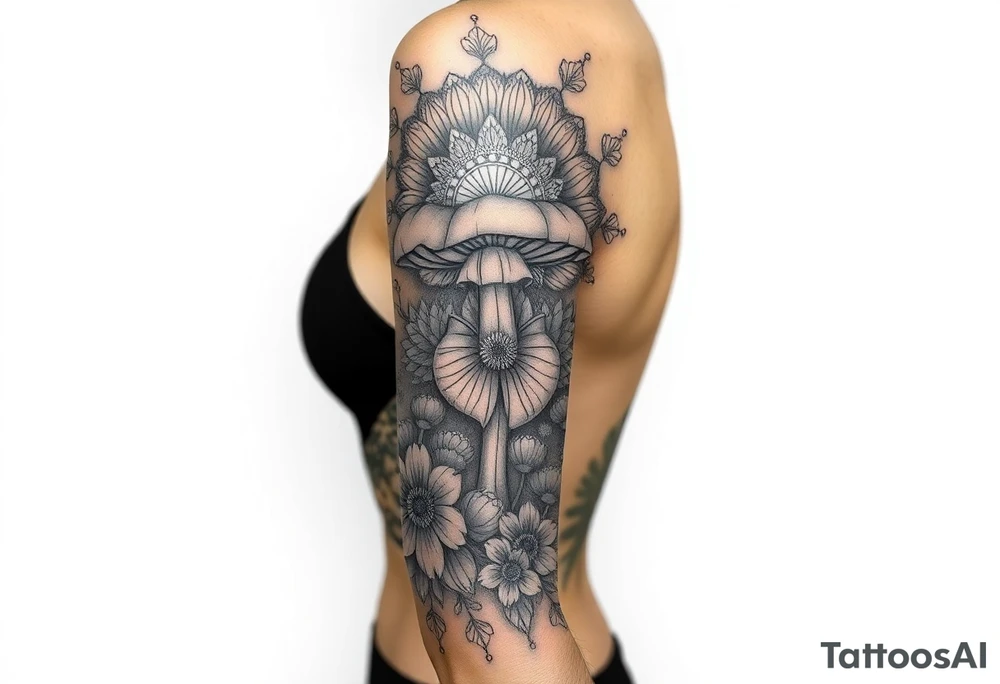 Could you possible make me a nature tattoo with mushrooms crystals  flowers mandala boho but vibrant colorful and psychedelic colorful too that would wrap from front of hip around side to mid back to cover an existing one tattoo idea