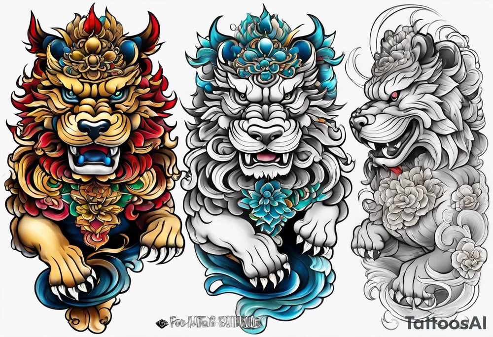 foo dog full body leg sleeve tattoo idea