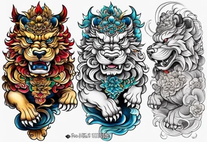 foo dog full body leg sleeve tattoo idea