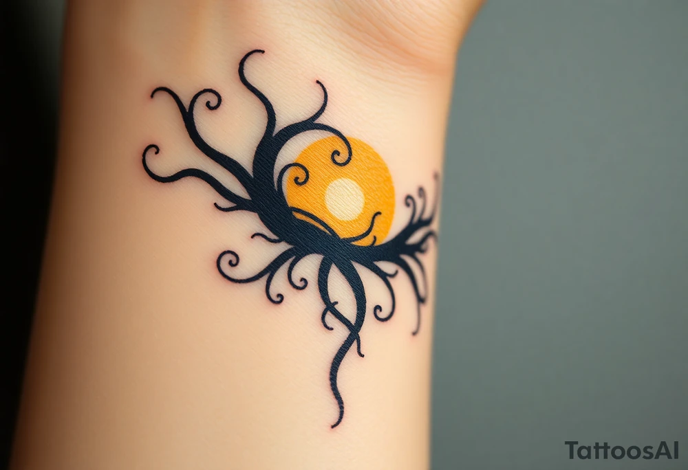 A soft golden light contrasting with shadowy black tendrils representing a battle between inner purity and external corruption. The light is depicted in radiant yellows, while the dark side uses deep blues and blacks. tattoo idea