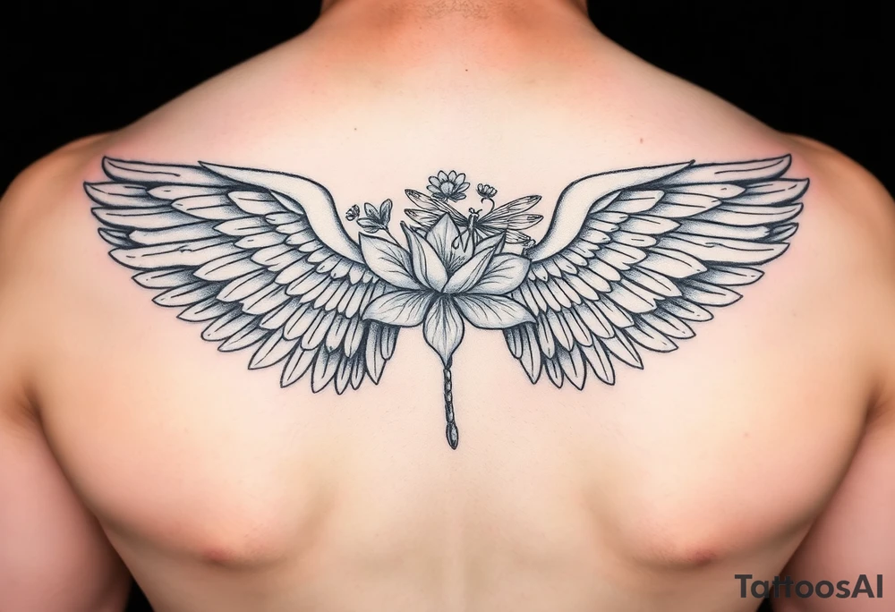 Angel wing shoulder design with a floral waterlily and dragonfly design above it tattoo idea