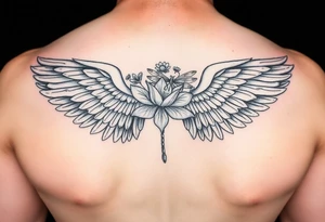 Angel wing shoulder design with a floral waterlily and dragonfly design above it tattoo idea