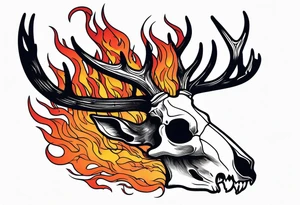 side profile of a DECAYING deer skull JUST BONE supernatural cannibal surrounded by a flames and trees tattoo idea