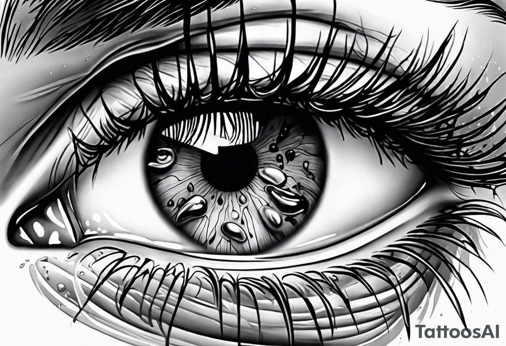 A realistic majestic human eye crying tears of blood with reflection of tragedy and death tattoo idea