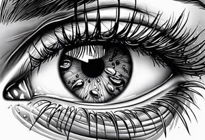 A realistic majestic human eye crying tears of blood with reflection of tragedy and death tattoo idea