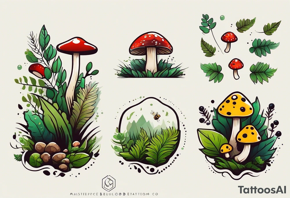 minimalistic forest floor inspired tattoo, which includes grass, moss, curly ferns and dead leaves as the bulk of the tattoo. details to include: forest berries, couple of very small brown mushrooms, a tiny bumblebee flying nearby tattoo idea