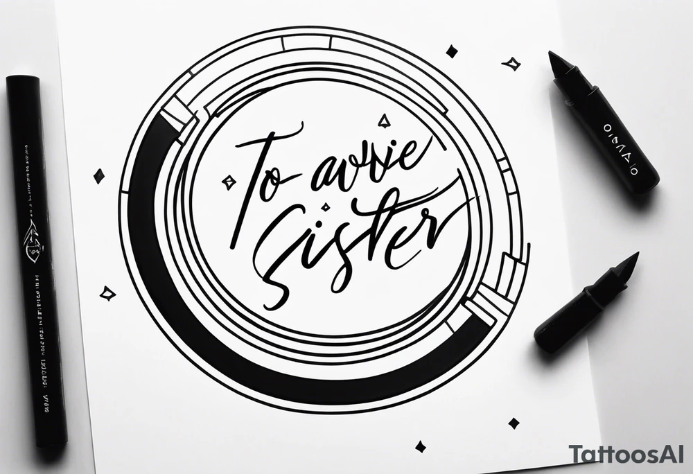 simple, thin line tattoo with the words "to my favorite sister" in a circle around a puzzle piece tattoo idea