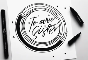 simple, thin line tattoo with the words "to my favorite sister" in a circle around a puzzle piece tattoo idea
