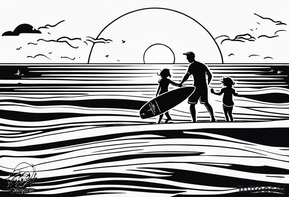 Black and white Line work tattoo depicting a father surfing in the sunset, and sharing his surfboard with one daughter on his shoulders and another daughter holding his hand. The sunset has musical notes. tattoo idea