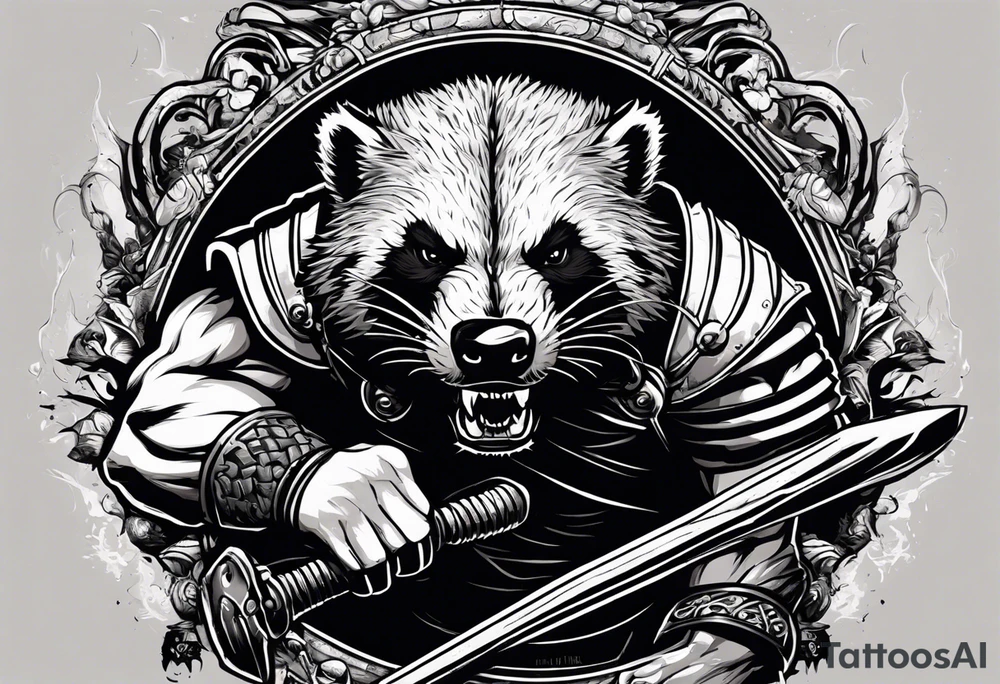 Draw me psychopath Honey Badger/Berserker with aggressive full body, killer face with a scary smile, very long nails and he attacks like a Bloody Assassin/Warrior/Gladiator to us and also, he has very deadly looking. He fights with his nails only. Everybody scares after their first sight. Give me horror type Badger Tattoo. I want to see his Realistic full body with no weapons. You can show destruction at the back. tattoo idea