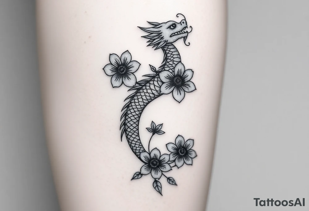 Leg area back of calf dragon going up 4 flowers
 Dragon flipped closer to the third one down realistic femine tattoo idea