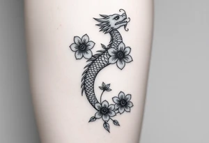 Leg area back of calf dragon going up 4 flowers
 Dragon flipped closer to the third one down realistic femine tattoo idea