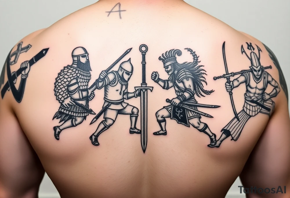 For a full back tattoo create the following battle seen- Viking vs Angus Kahn vs English knight vs Roman gladiator vs Japanese samurai. Note cation fighting and weapons against each other tattoo idea