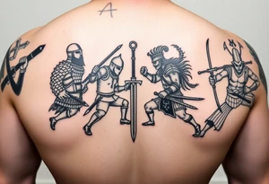 For a full back tattoo create the following battle seen- Viking vs Angus Kahn vs English knight vs Roman gladiator vs Japanese samurai. Note cation fighting and weapons against each other tattoo idea