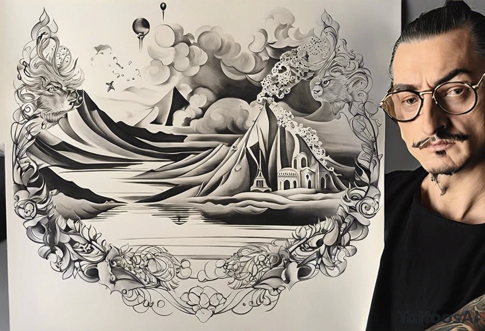 Сложный эскиз на спину в стиле salvador dali, огонь должен присутствовать tattoo idea