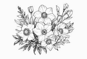 Dainty mini fine line 
Bouquet Held together with a bow:
DAFFODIL
JONQUIL
ASTER
MORNING GLORY tattoo idea