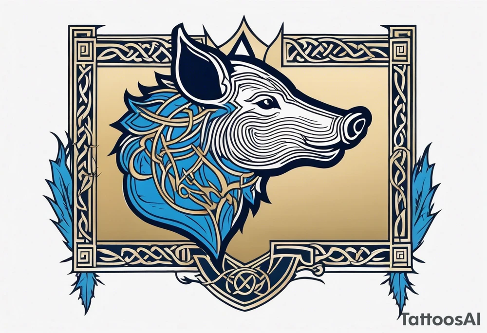 Side profile, Celtic, tribal, wild boar, On a Chatwin family crest with blue background, two gold stars, and a gold Chevron, and a Thistle tattoo idea