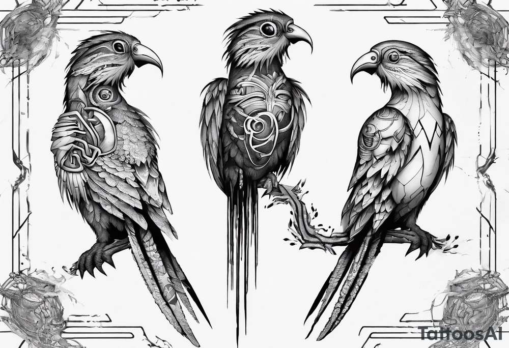 Cyberpunk Guatemalan Quetzal birds with Neurons tattoo idea