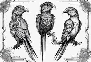 Cyberpunk Guatemalan Quetzal birds with Neurons tattoo idea