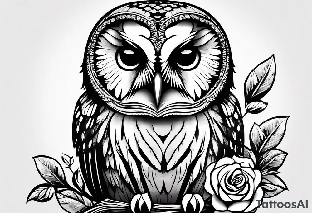 Barred owl with a single rose tattoo idea